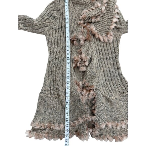 Anthropologie Lapis Cardigan Faux Fur Trim Ruffle Sweater Tan Art Women Size XL - Picture 7 of 8
